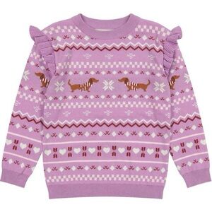 Andy & Evan Kids Purple Holiday Sweater with Dachshund Pattern and Ruffles